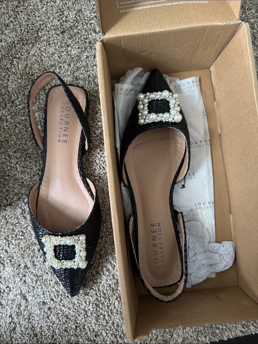Journee Collection Black Pearl-Buckle Slingback Pointed Flats - Picture 2 of 5